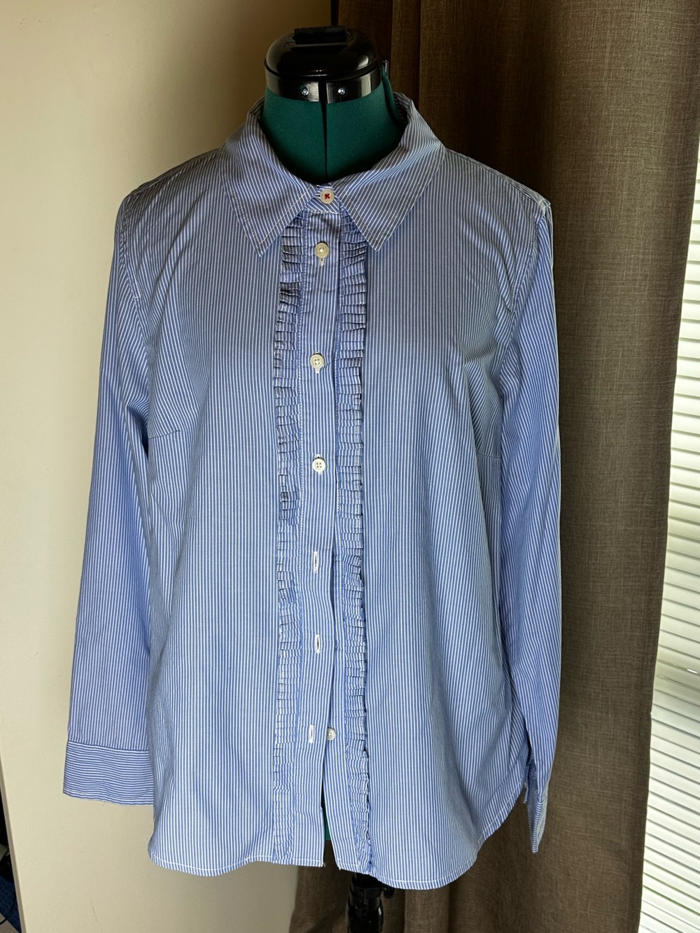 Nautica Light Blue Pinstripe Ruffle-Front Blouse